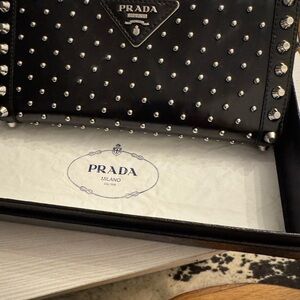 Prada Black Patent Leather Studded Zip Pouch